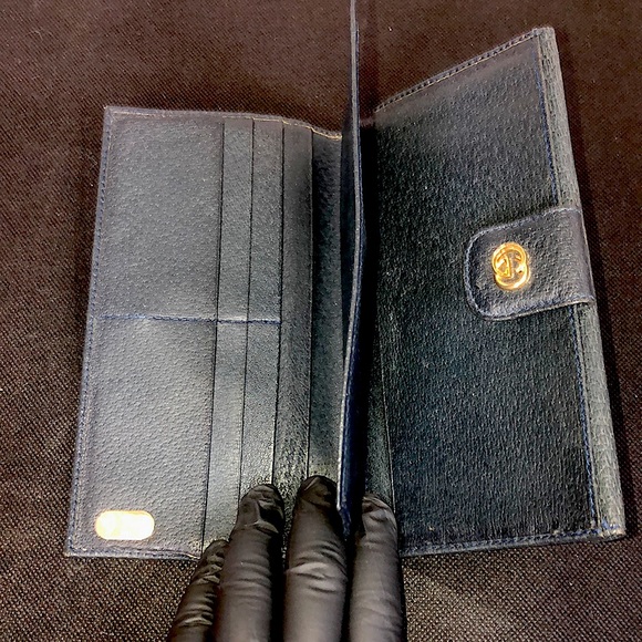 GUCCI GG Monogram Navy Blue Leather Coated Canvas Long Bifold Wallet Vintage - Picture 12 of 17